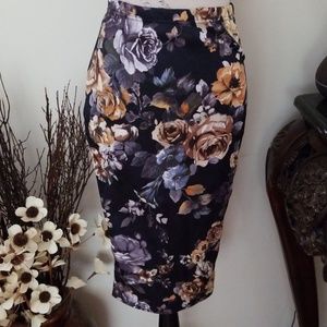 Floral Pencil Skirt in Black with Taupe & Lavender Roses